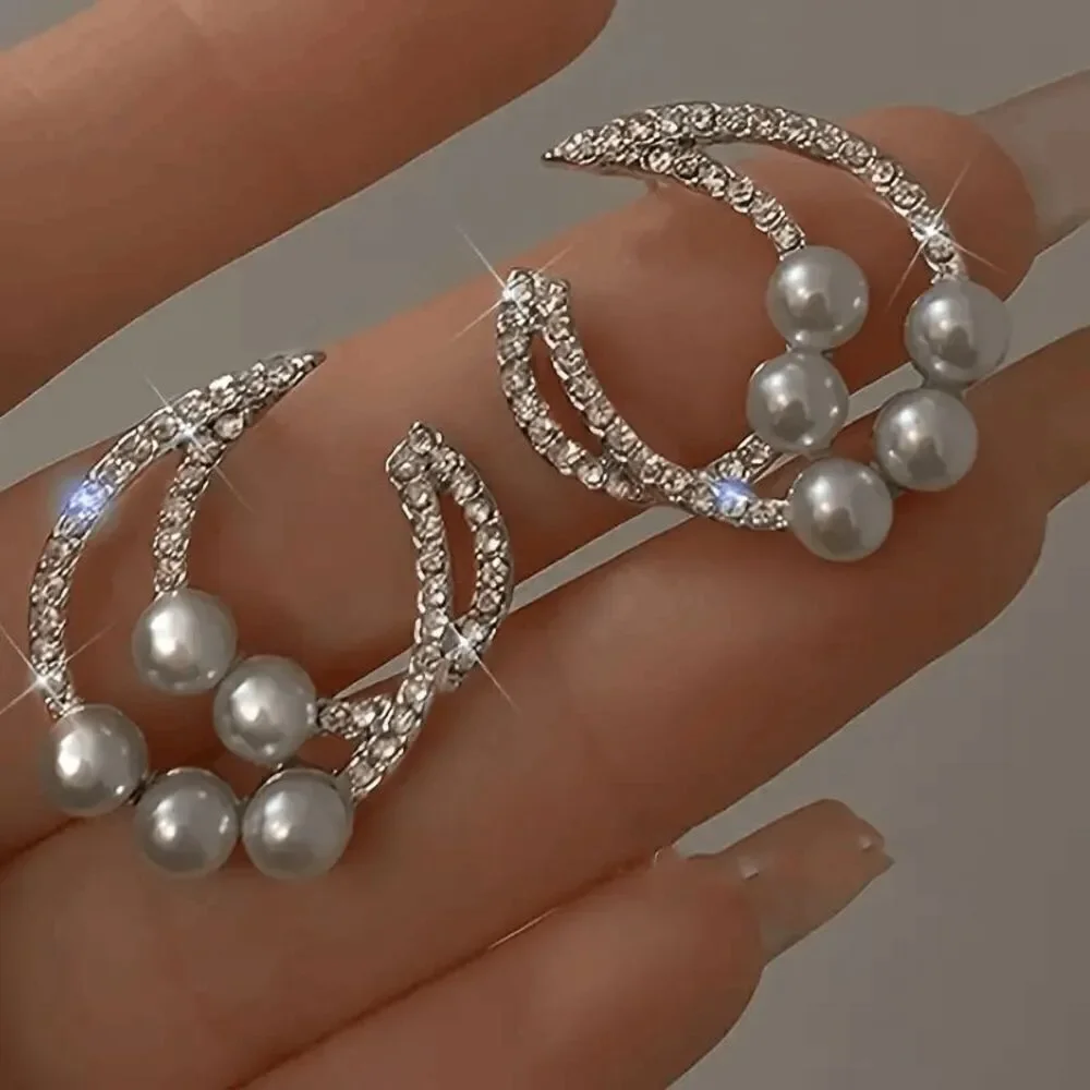 Pearl Diamond Crescent Moon Stud Earrings